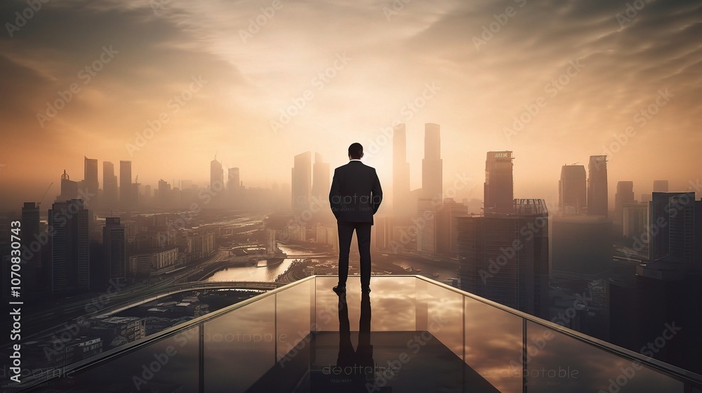 Businessman Overlooking Cityscape at Dawn Businessman Overlooking Cityscape at Dawn