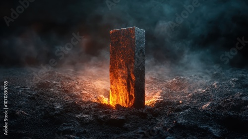 A glowing monolith emerges in a smoky, dim landscape, evoking mystery and surrealism with its fiery aura and enigmatic presence, balancing light and shadow beautifully. photo