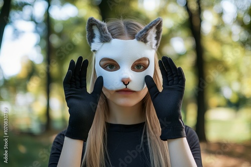 Quadrobics, quads. Teenage girl wearing a tiger cat mask. Quadrober youth subculture concept. Blog, social media, or news article. Child in an animal furry mask walking outdoors. Quadrobeast Lifestyle photo