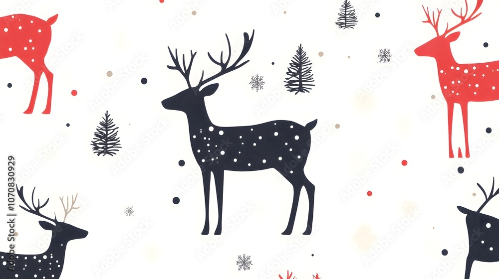 Black and Red Reindeer with White Dots and Pine Trees on a White Background Black and Red Reindeer with White Dots and Pine Trees on a White Background