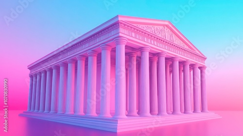 Stylized illustration of a classic building with columns, set against a pink and blue gradient background.