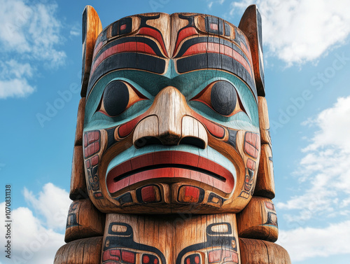 A traditional First Nations totem pole, intricately carved and painted, standing tall against a blue sky.