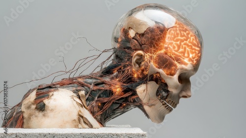 Anatomical head in side profile revealing nerves and brain with glowing wires, symbolizing the connection between biology, technology and human consciousness. photo