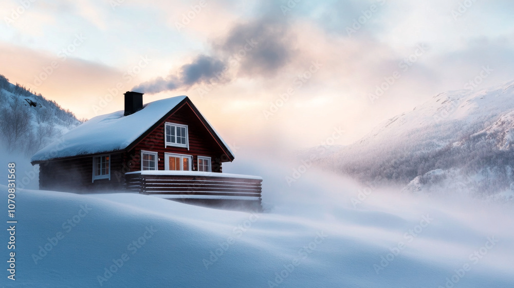 A traditional Norwegian log cabin in the mountains, covered in snow, with smoke rising from the chimney.