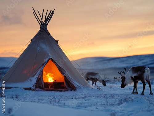 A traditional Norwegian Sami tent (lavvu) set up in a snowy landscape, with reindeer grazing nearby. photo