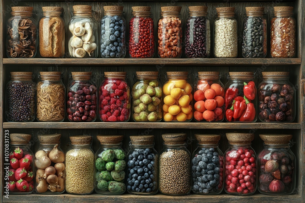 A Shelf of Glass Jars Filled with Various Foodstuffs A Shelf of Glass Jars Filled with Various Foodstuffs