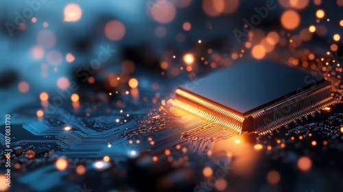 The intricate details of a microchip are displayed in this image, highlighted by a bright, glowing light, indicating technology and advancement. photo