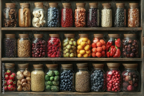 A Shelf of Glass Jars Filled with Various Foodstuffs