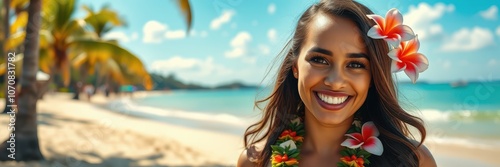 A woman with flowers in her hair smiles brightly on a beach