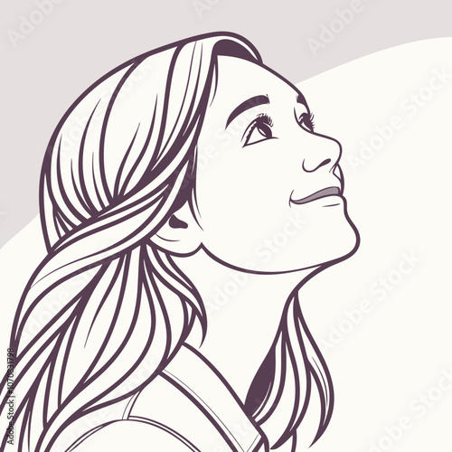 Woman looking up in profile line art illustration