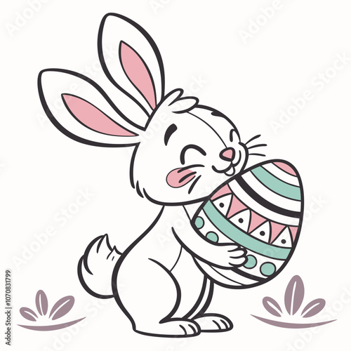 Easter bunny hugging decorated egg illustration