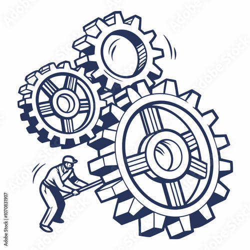 Worker with gears in industrial concept illustration