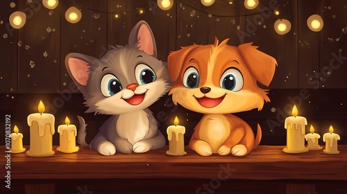 A cheerful cat and dog sit on a wooden table with candles and string lights behind them. photo