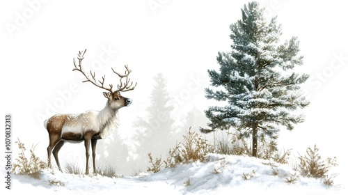 Wallpaper Mural A Reindeer Standing in a Snowy Landscape with a Pine Tree in the Background Torontodigital.ca