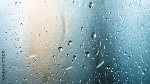 Raindrops trickle down a glass surface, creating a soothing abstract pattern with a blend of soft blue and orange gradient in the background. photo