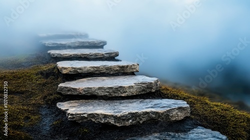 Stone steps winding through a moss-covered path in a foggy landscape, evoking mystery, adventure, and the unknown in an ethereal natural setting.