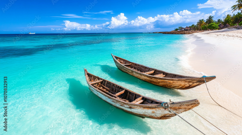 A view of the beautiful Zanzibar beaches, with white sand, turquoise water, and traditional wooden boats. A view of the beautiful Zanzibar beaches, with white sand, turquoise water, and traditional wooden boats.