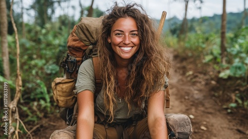 A woman with a bright smile enjoys a solo adventure in lush green surroundings, embodying themes of exploration, joy, and the beauty of nature. photo