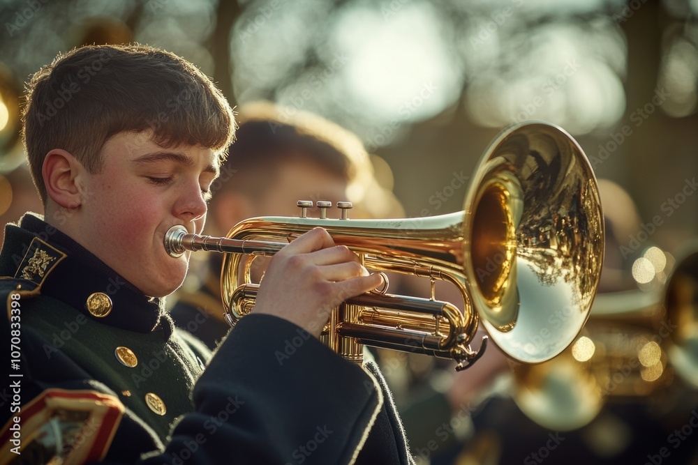 Fototapeta premium A young musician plays the trumpet passionately in a lively band. The sunlight glistens on the instrument. Celebrating music and youth in a vibrant outdoor setting. Generative AI
