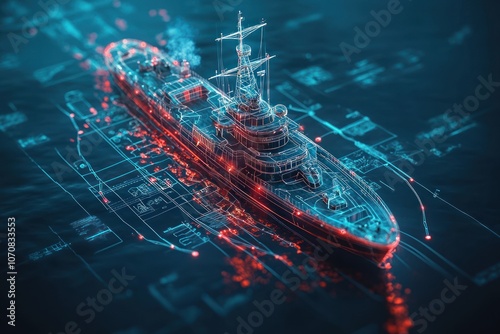 Fototapeta Naklejka Na Ścianę i Meble -  Wireframe Model of a Warship on a Blue Background