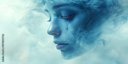 A vague, blurred face sheds a tear in soft blue and white tones. The abstract style leaves the face undefined, focusing the viewer on the tear, which becomes the central symbol of sadness and loss in 