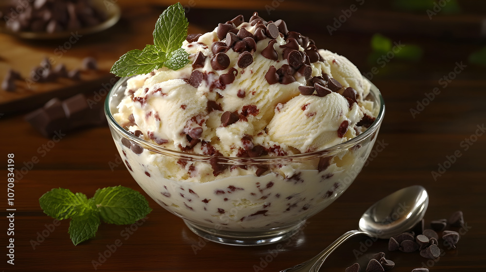 A Magnificent Display of Creamy Vanilla Ice Cream with Chocolate Chips and Fresh Mint in a Stylish Bowl A Magnificent Display of Creamy Vanilla Ice Cream with Chocolate Chips and Fresh Mint in a Stylish Bowl