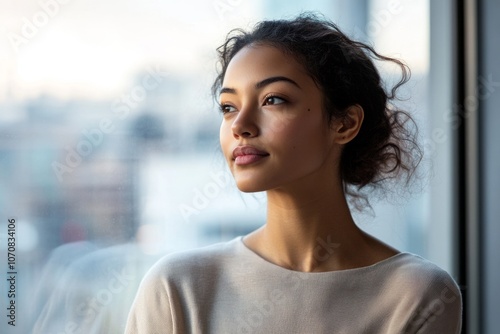 A woman gazes thoughtfully out of a window in a cozy setting. Her expression is calm and reflective. This photo captures beauty and serenity. Generative AI