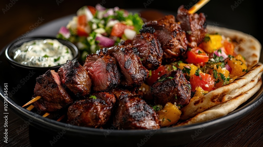 A plate of grilled meat skewers with crispy vegetables, served on flatbread. A vibrant mix of colors and textures makes this dish visually appealing. A plate of grilled meat skewers with crispy vegetables, served on flatbread. A vibrant mix of colors and textures makes this dish visually appealing.