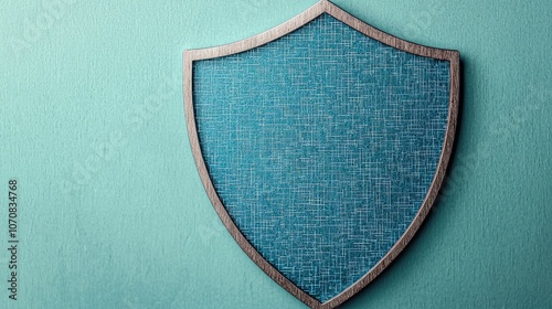 A decorative blue shield with a textured surface, framed in a rustic style, set against a muted green background. photo