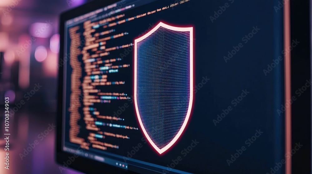 A close-up of a computer screen displaying code and a glowing shield symbol, representing cybersecurity and digital protection. A close-up of a computer screen displaying code and a glowing shield symbol, representing cybersecurity and digital protection.