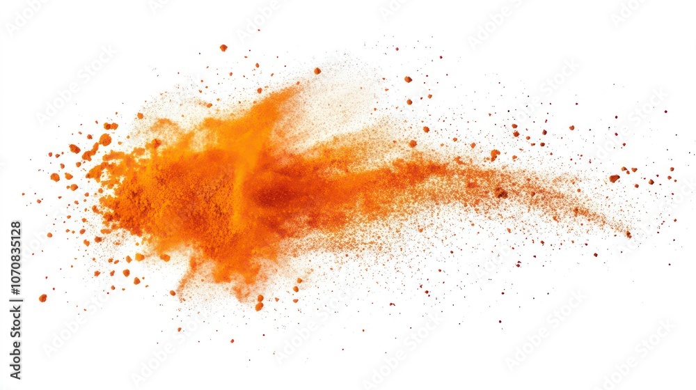 Splatter of colored dust powder isolated on a white background with a splash of orange color powder.