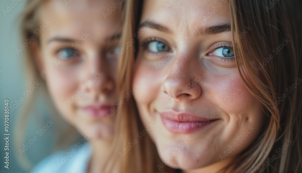 Portrait of young women smiling happily in a close-up shot on a blurred background