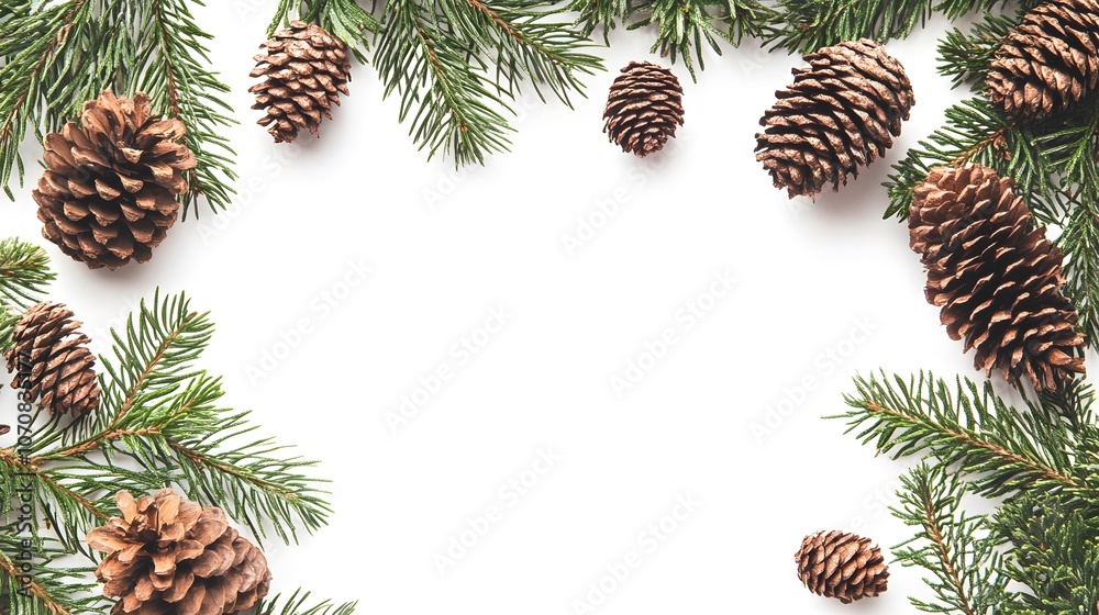 Pine Cones and Branches Frame on White Background