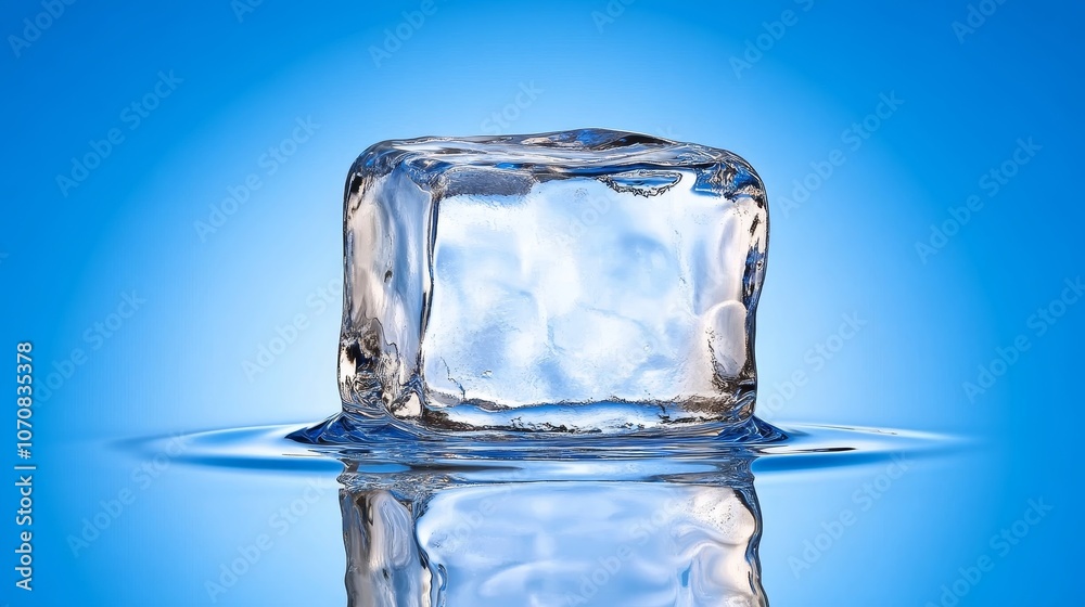 Crystal Clear Ice Cube Floating in Water with Blue Background Crystal Clear Ice Cube Floating in Water with Blue Background