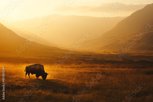 A peaceful sunset view featuring a grazing cow in a tranquil meadow. Nature shows its beauty in this picturesque scene. Perfect for relaxation and inspiration. Generative AI