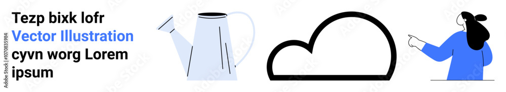 Large black cloud with woman pointing, a watering can in silver-tone, and a text block above. Ideal for technology, weather forecasting, gardening, environmental awareness, creative workshops, online Large black cloud with woman pointing, a watering can in silver-tone, and a text block above. Ideal for technology, weather forecasting, gardening, environmental awareness, creative workshops, online