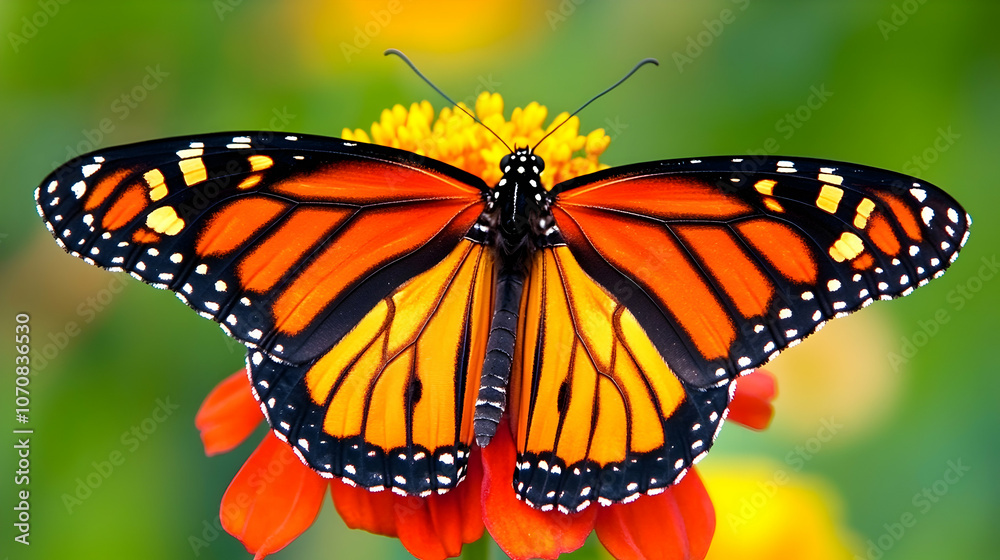 Fototapeta premium A Monarch butterfly with orange and black wings perched on a bright red flower with yellow center.