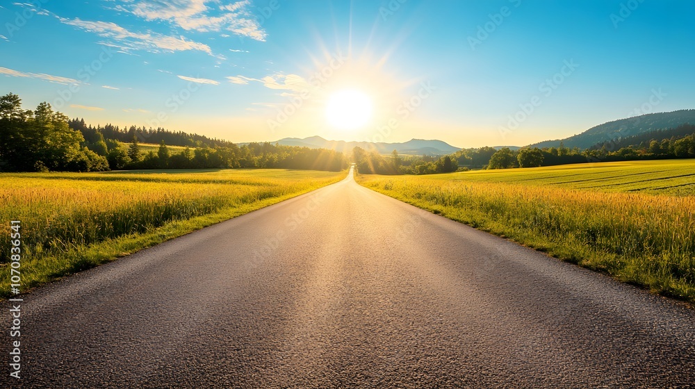 A Country Road Leading Towards a Setting Sun Over Green Fields and Mountains A Country Road Leading Towards a Setting Sun Over Green Fields and Mountains