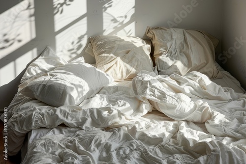 ssy bed with white bedding sheets and pillows, illustrating a relaxed home concept photo