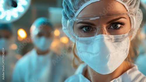 A focused scientist wears protective gear in a laboratory, surrounded by colleagues, highlighting the precision, safety, and dedication in scientific environments. photo