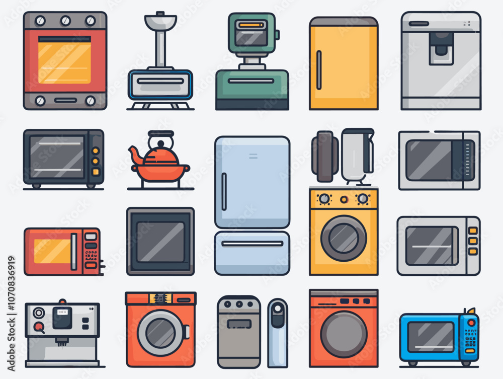 Kitchen furniture and utensils icons set in line style. Kitchen furniture and utensils icons set in line style.