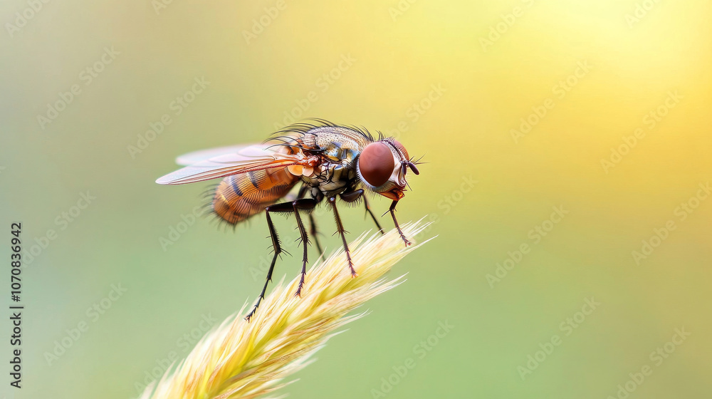 Macro shot of an orange fly standing on a blade of grass in a natural environment with a blurred background Macro shot of an orange fly standing on a blade of grass in a natural environment with a blurred background