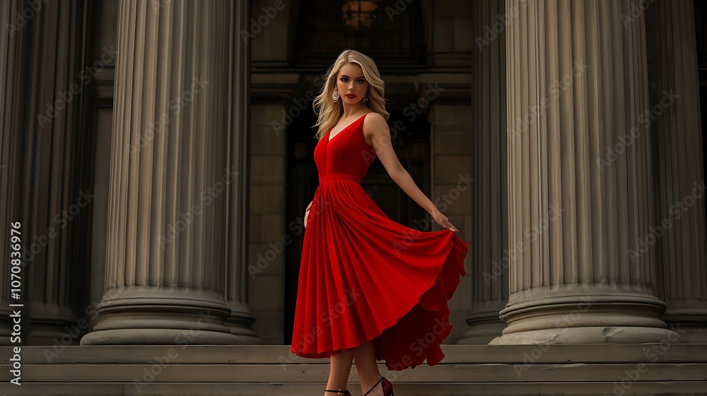 A blonde woman in a red dress poses gracefully near grand pillars at dusk, showcasing elegance and poise during a stylish outdoor moment