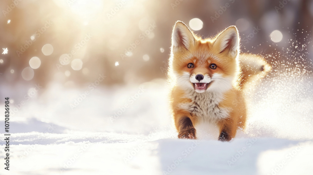 Fototapeta premium Adorable red fox cub running and playing in a snowy winter landscape, enjoying the sunlight and snowflakes