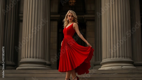 Obraz na płótnie A blonde woman in a red dress poses gracefully near grand pillars at dusk, showcasing elegance and poise during a stylish outdoor moment w salonie