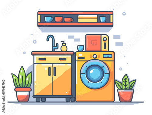 Yellow kitchen with a yellow washer and dryer. A potted plant is on the counter