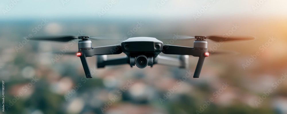Discover the cityscape at sunset through the lens of a hovering drone, capturing the vibrant scene from above with its camera and spinning propellers Discover the cityscape at sunset through the lens of a hovering drone, capturing the vibrant scene from above with its camera and spinning propellers