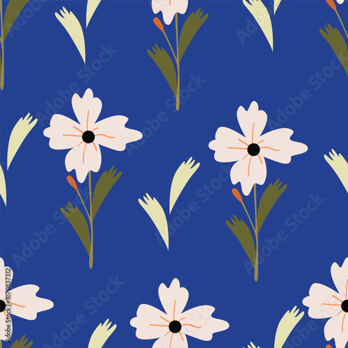 Flower garden wallpaper design vector prepared for textile printing. Seamless floral pattern with abstract hand drawn flower and leaf background elements in purple