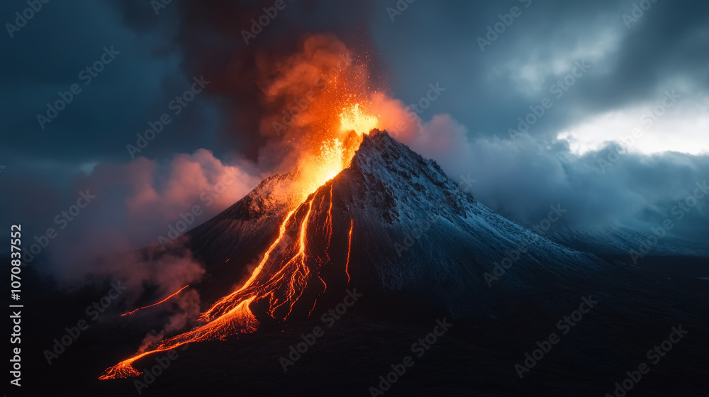 Fototapeta premium A dramatic view of a volcanic eruption on the Reykjanes Peninsula, with lava flowing down the mountain.