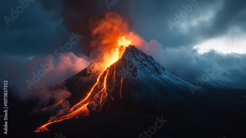 A dramatic view of a volcanic eruption on the Reykjanes Peninsula, with lava flowing down the mountain.